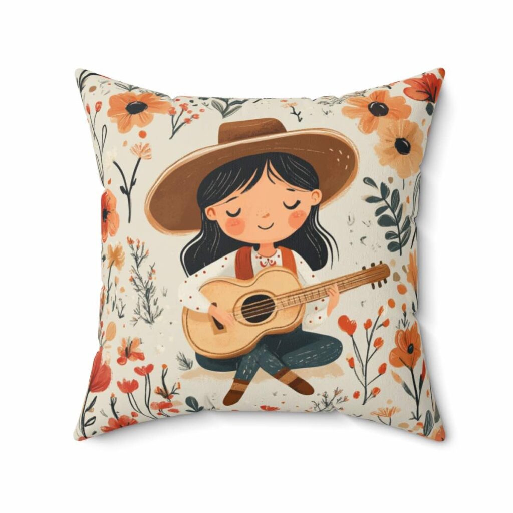Western girl floral pillow with a design featuring a girl playing a guitar surrounded by vibrant flowers.