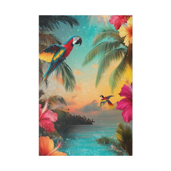 Vibrant coastal home decor featuring tropical wall art with colorful parrots, palm trees, and a beach sunset.