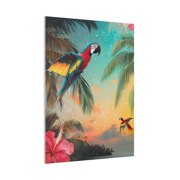 Eco-friendly tropical wall art featuring exotic parrots, hibiscus flowers, and a sunset beach, made with sustainable materials.