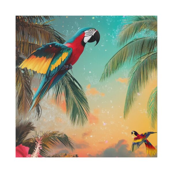 Vibrant tropical parrot wall art with beach and palm tree scene.