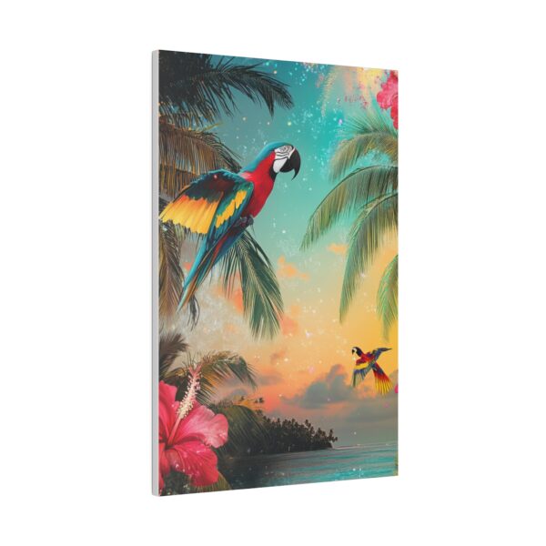 Exotic tropical wall art featuring colorful parrots, lush jungle greenery, and a tropical beach, perfect for vibrant home decor.