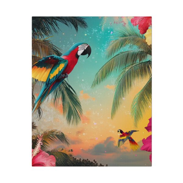 Eco-conscious tropical wall art featuring colorful parrots, lush greenery, and a serene beach, made from sustainable materials.