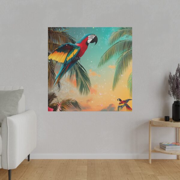 Mockup of tropical parrot wall art featuring vibrant colors and a jungle beach scene in a minimalist living room setting.