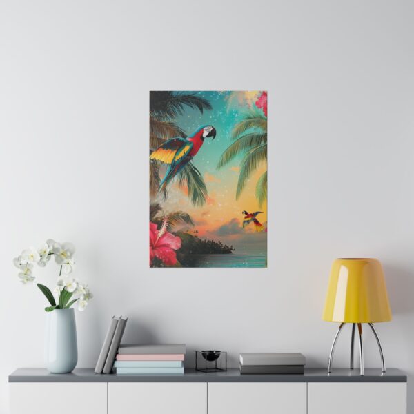 Tropical wall art featuring parrots and palm trees in a minimalist living room setting, ideal for creating coastal vibes.