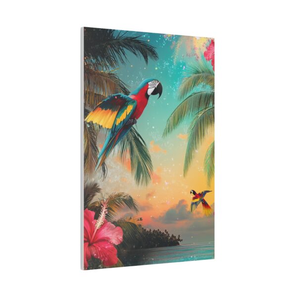 Vibrant tropical wall art featuring colorful parrots, lush greenery, and a beach sunset perfect for coastal homes.