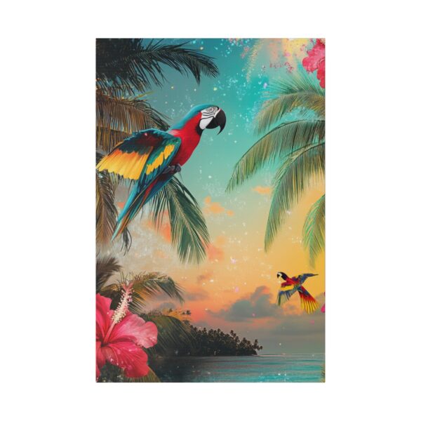 Tropical wall art featuring colorful parrots, lush hibiscus flowers, and palm trees, perfect for boho home decor.