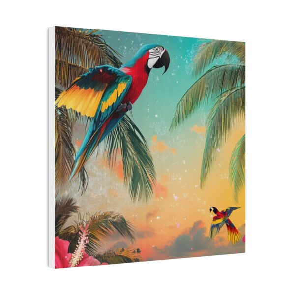 Tropical parrot wall art with vibrant colors for boho-inspired living room decor.