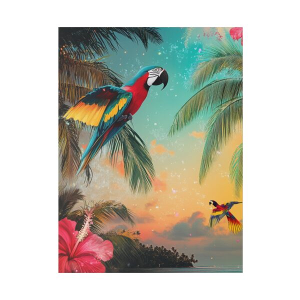 Luxury beach art featuring tropical parrots, lush palm trees, and a stunning sunset, perfect for high-end home decor.