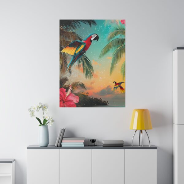 Tropical parrot wall art with a beach and jungle scene, styled in a minimalist living room.