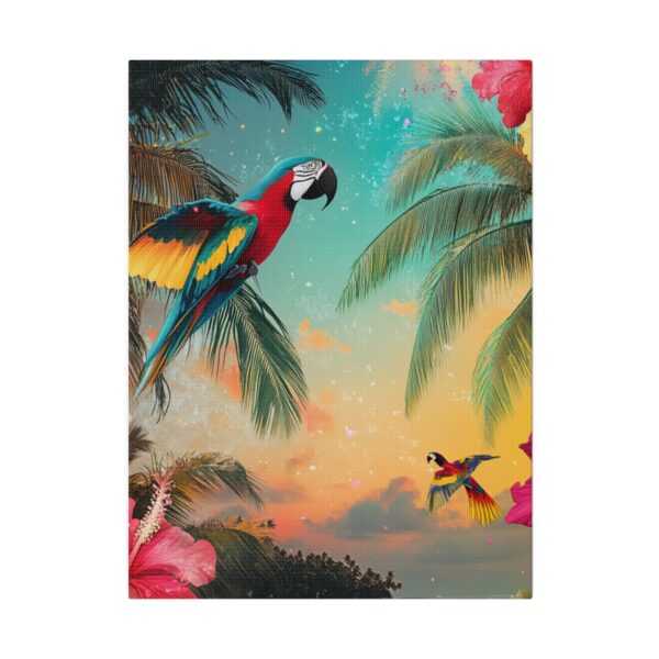 Tropical wall art featuring colorful parrots, hibiscus flowers, and lush palm trees, perfect for bohemian home decor.