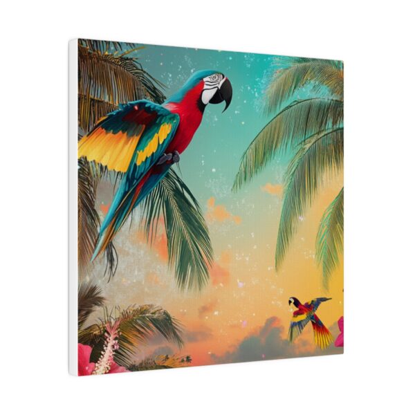 Colorful tropical parrot wall art with jungle and beach decor for home.