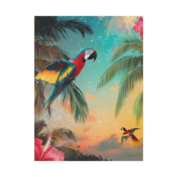 Tropical wall art featuring vibrant parrots, hibiscus flowers, and a serene jungle beach scene, ideal for new homeowners.
