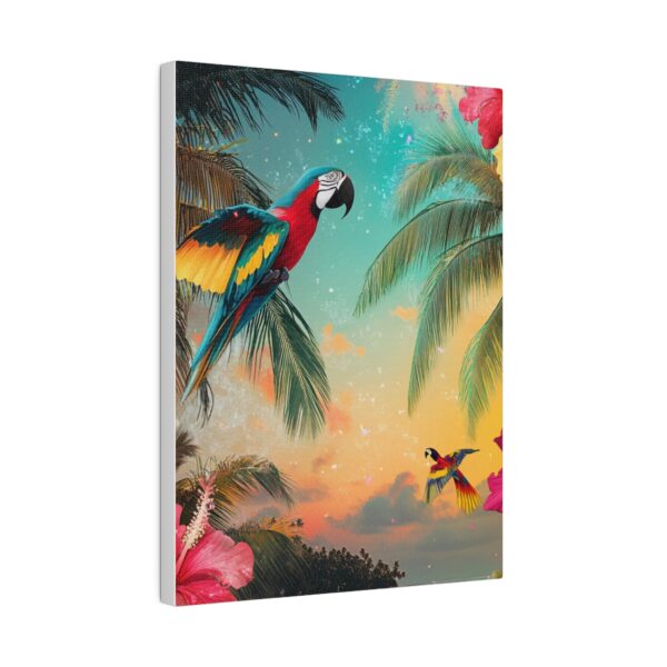 Boho-inspired tropical wall art featuring colorful parrots, palm trees, and vibrant hibiscus flowers with a serene beach backdrop.