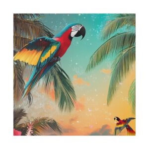 Vibrant Tropical Wall Art: Beach Surrounded by Tropical Jungle in Vivid Colors for Living Room Decor