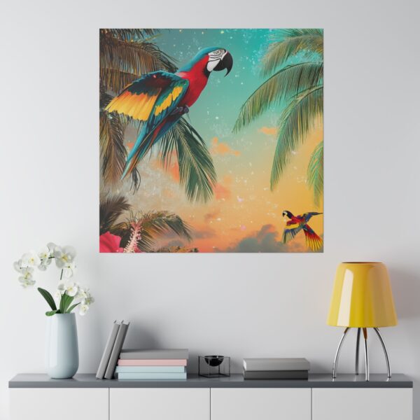 Vibrant tropical wall art featuring colorful parrots and palm trees, styled in a coastal-inspired living room.