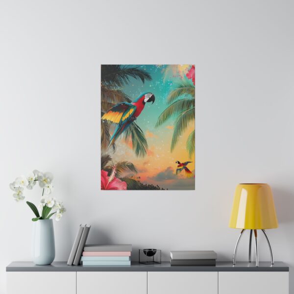 Parrot jungle wall art in a luxury tropical living room, featuring vibrant colors, lush palm trees, and a beach scene.