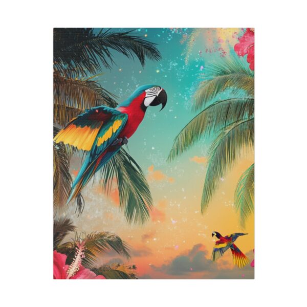 Exotic luxury wall art featuring vibrant parrots, lush greenery, and a serene beach scene, perfect for high-end decor.