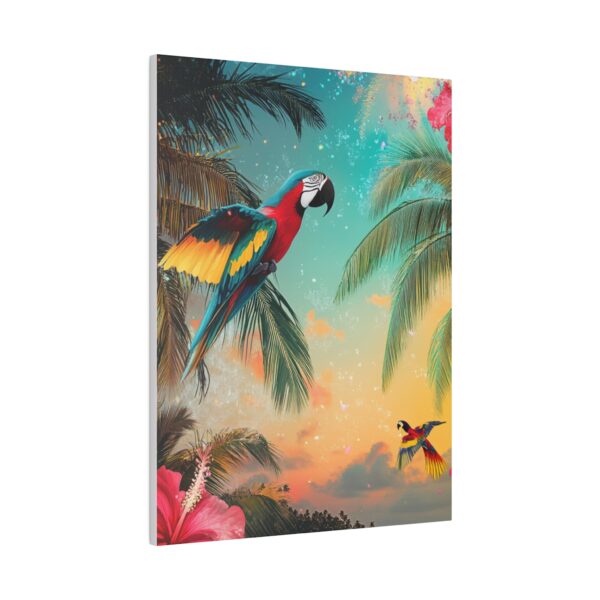 Tropical wall art perfect for new homeowners, featuring parrots, palm trees, and a tropical beach in vivid colors.