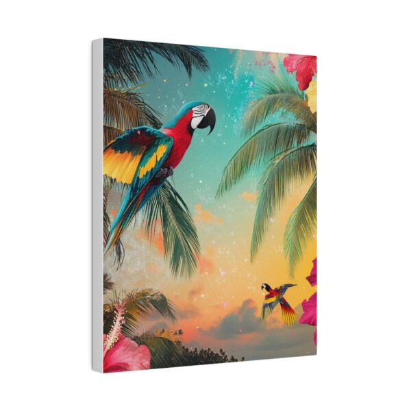 Tropical boho wall art featuring vibrant parrots, lush palm trees, and a serene beach at sunset, perfect for eclectic spaces.