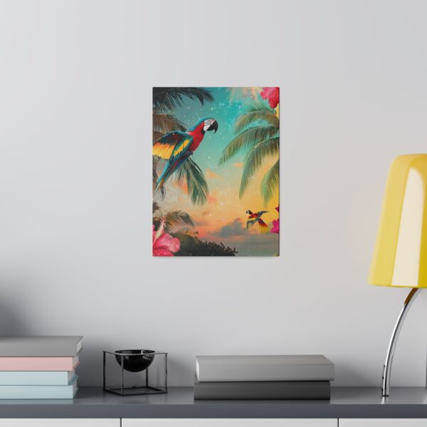Parrot jungle wall art featuring vibrant tropical colors, perfect for living room decor with beach and jungle vibes.