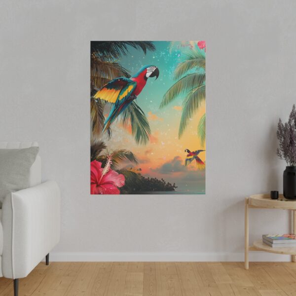 Tropical parrot wall art featuring a vibrant beach jungle scene in a coastal-inspired living room setting.