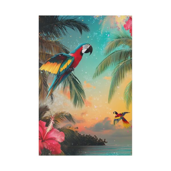 Tropical boho wall art featuring colorful parrots, hibiscus flowers, and a lush jungle with a serene beach in the background.