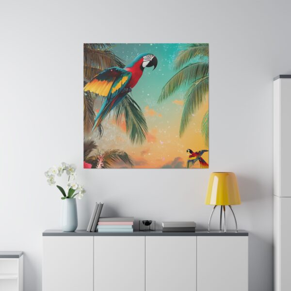 Tropical parrot wall art in a modern living room setting, featuring vibrant colors and a serene beach jungle scene.