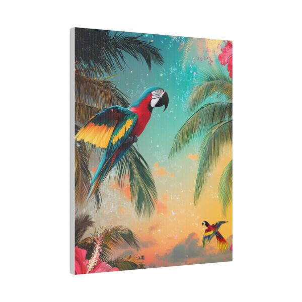 Luxury tropical wall art featuring exotic parrots, vibrant hibiscus flowers, and a stunning sunset over a tropical beach.