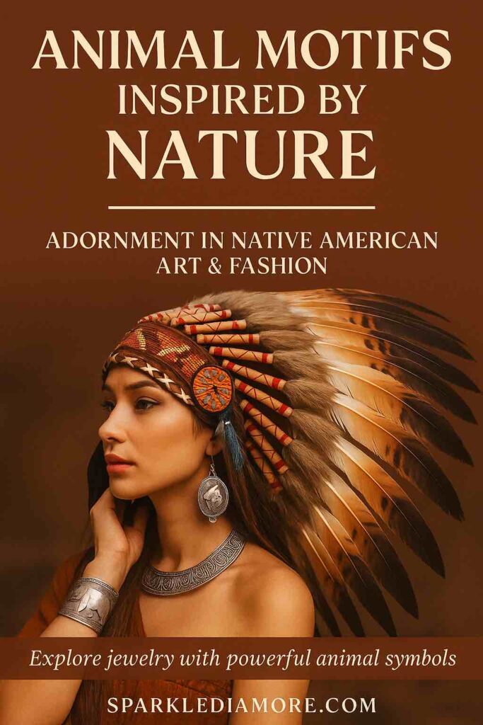 Woman wearing Native American-inspired jewelry and feathered headdress showcasing animal motifs rooted in nature symbolism.