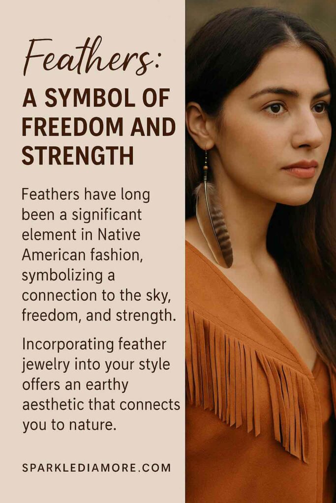 Woman wearing feather earring and suede fringe top, representing freedom and connection to nature in Native American fashion.