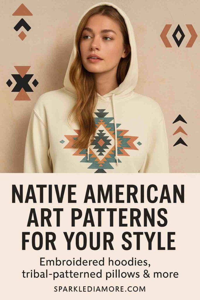 Woman wearing an embroidered hoodie featuring Native American art patterns with tribal geometric designs in earthy tones.