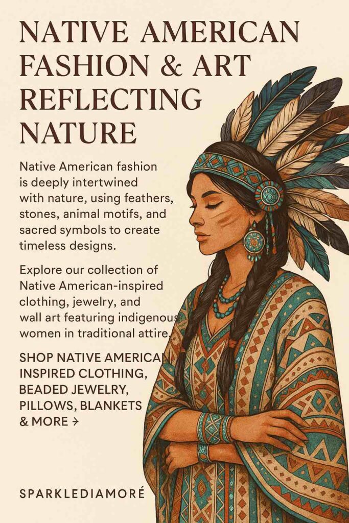 Illustration of a Native American woman in traditional attire with feathers, turquoise jewelry, and geometric patterns representing nature-inspired fashion and art.