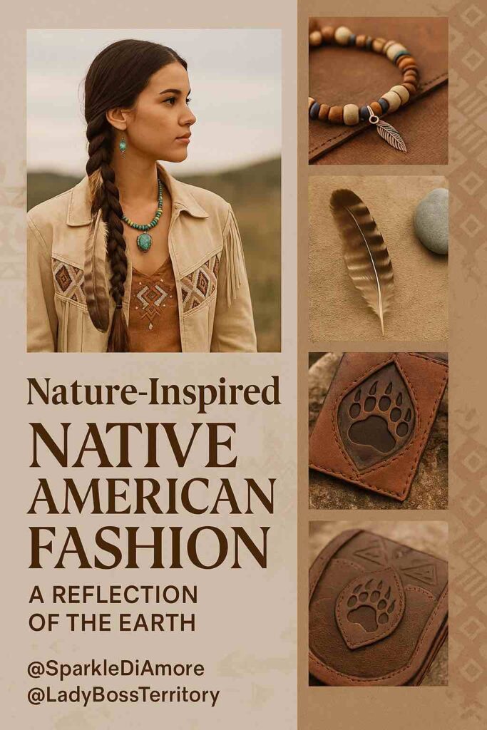 Nature-inspired Native American fashion collage featuring a woman in a fringe jacket with turquoise jewelry, beaded bracelet, feather, and leather bear claw motifs.