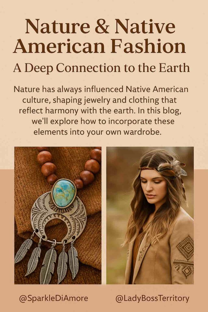 Turquoise pendant necklace with feather charms and woman in earth-toned Native American-inspired jacket with symbolic embroidery.