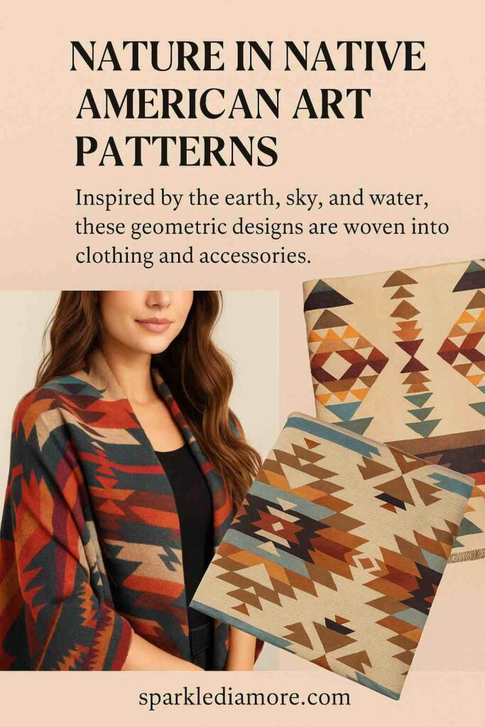 Native American-inspired geometric textile patterns in earthy tones showcased in fashion accessories and garments.