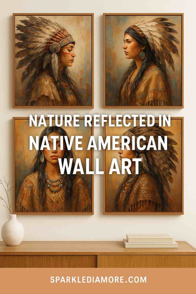 Four framed portraits of Native American women in traditional feather headdresses and beaded jewelry, displayed as earthy wall art.