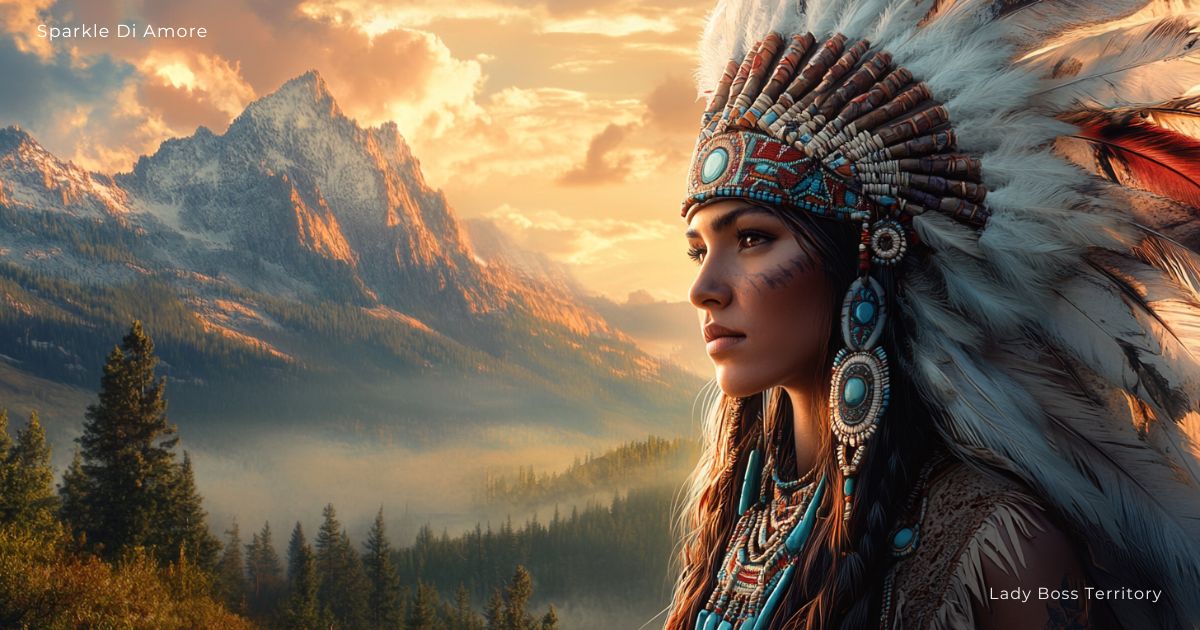 A stunning Native American woman wearing a traditional feather headdress and tribal jewelry, standing against a breathtaking mountain landscape at sunset. The image captures the connection between nature and Native American fashion, with earthy tones and turquoise beadwork.