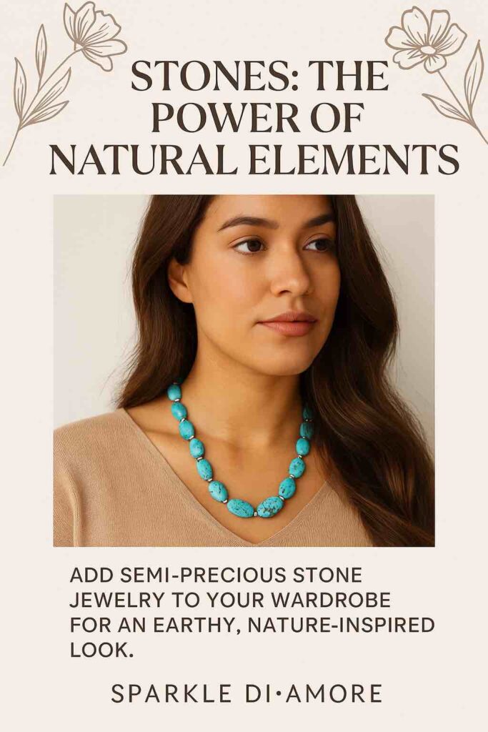 Woman wearing a turquoise stone necklace symbolizing the natural power of semi-precious stones in Native American-inspired fashion.