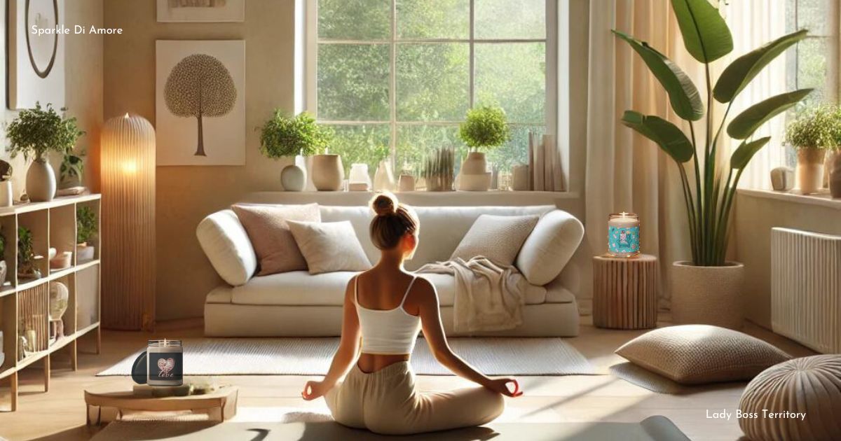 A peaceful yoga meditation room with a woman meditating, surrounded by soft, neutral-toned decor, plants, and candles, promoting mindfulness and tranquility.