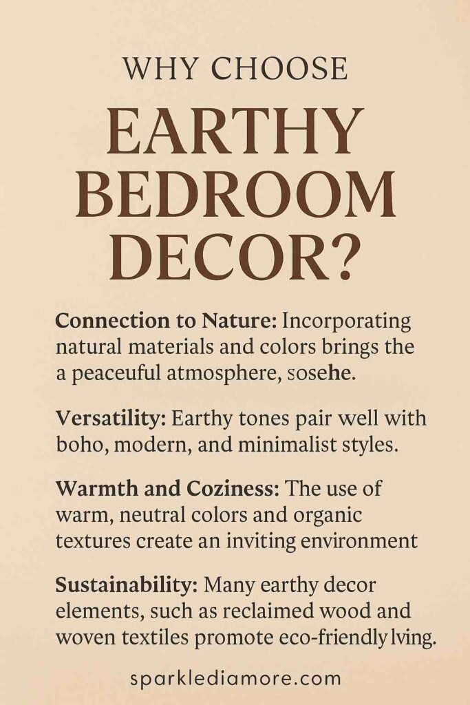 Infographic explaining the benefits of earthy bedroom decor, highlighting nature-inspired materials, sustainability, and cozy design.