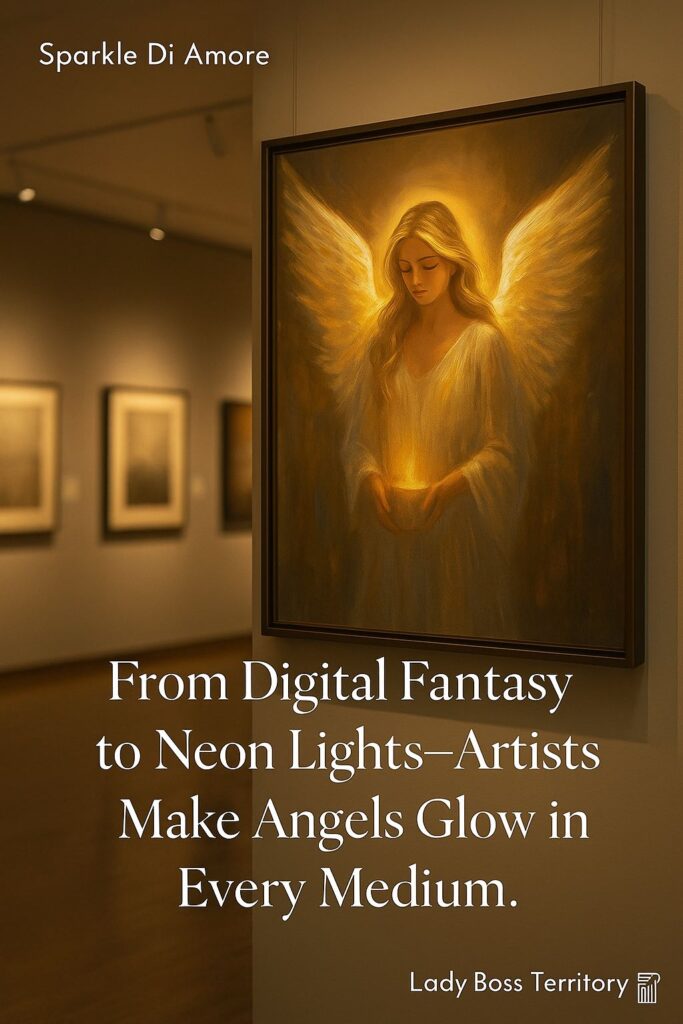 Glowing angel painting displayed in a modern art gallery, symbolizing divine light and showing how artists use different mediums to portray angels.