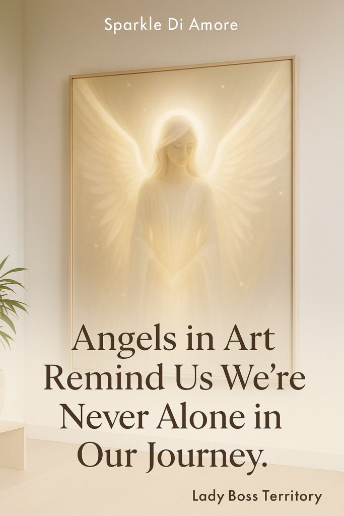 Large glowing angel painting with halo and wings displayed in a modern home, symbolizing guidance and the reminder that we are never alone.