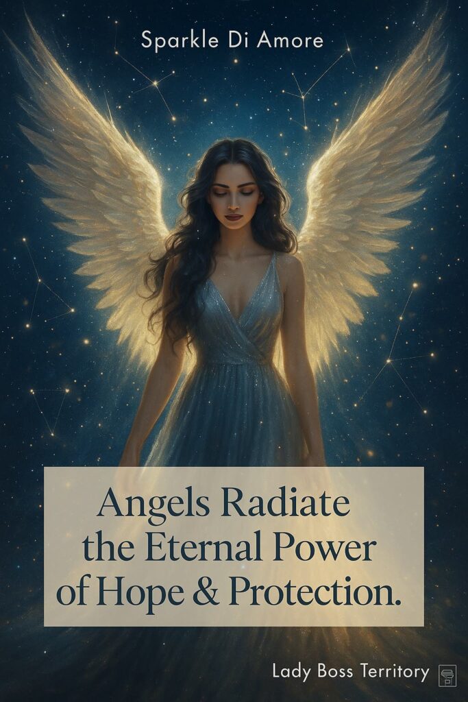 Mystical glowing angel with radiant wings and a cosmic starry background, symbolizing the eternal power of hope and protection.