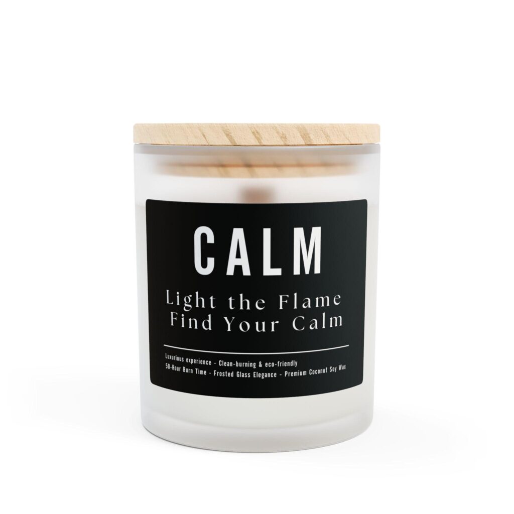 Hand-poured frosted glass candle with wooden wick and coconut soy wax, labeled "CALM" for relaxation, aromatherapy, and home spa decor.