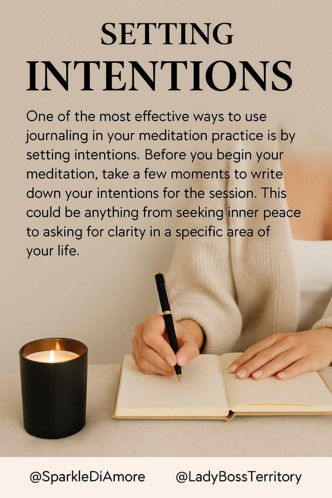 A lit candle beside a journal and pen on a wooden table, creating a serene setting for mindful journaling and meditation.