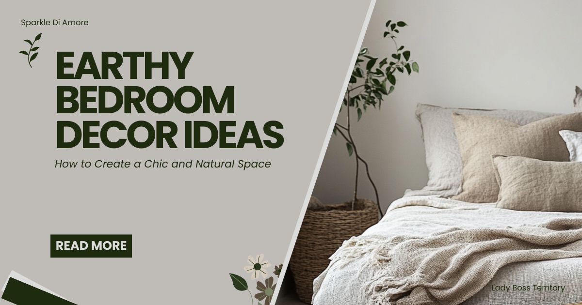 Earthy bedroom decor featuring a cozy bed with neutral-toned pillows, a woven basket, and greenery for a chic and natural space.