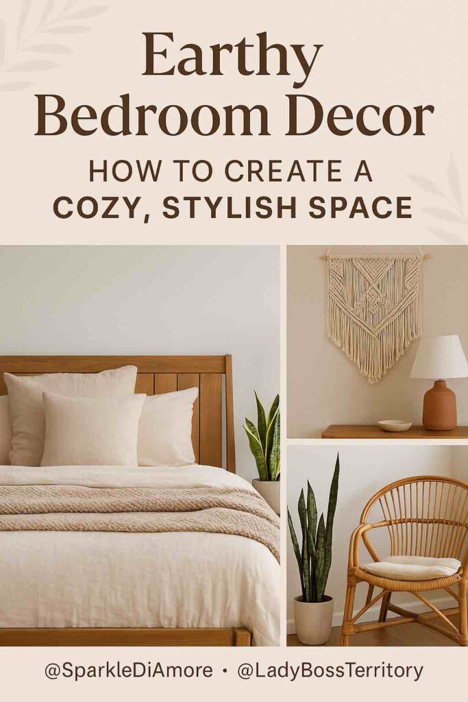 Earthy bedroom decor featuring a cozy bed, neutral tones, boho wall art, and rattan furniture for a stylish, natural look.