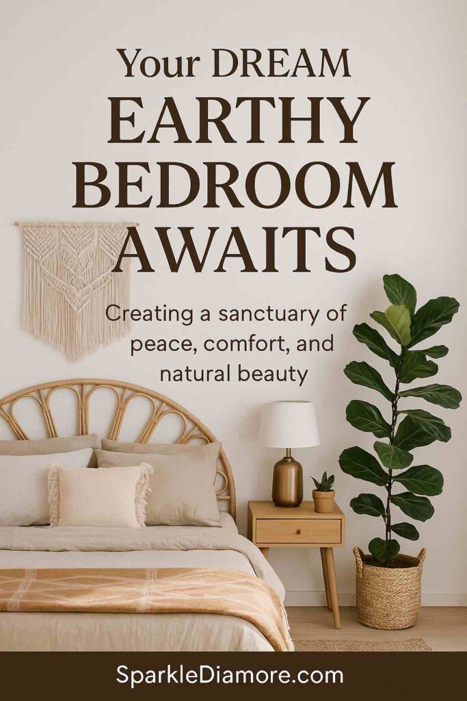Natural earthy bedroom with rattan bed frame, neutral bedding, and indoor plants, promoting a peaceful and stylish sanctuary.