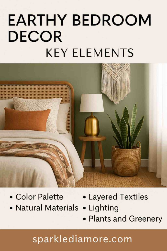 Earthy bedroom with green walls, rattan headboard, boho decor, natural materials, and indoor plants showcasing key decor elements.