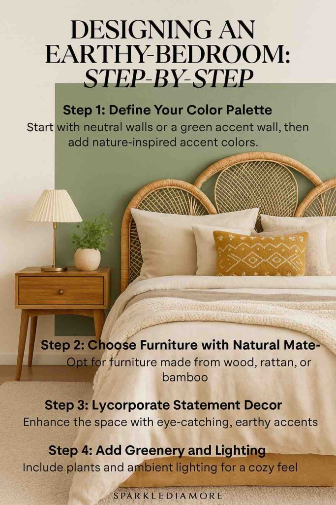 Step-by-step guide to designing an earthy bedroom with color palette, natural furniture, statement decor, and greenery.